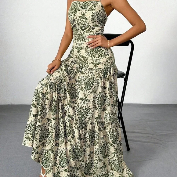 Army Green Boho Women's Vacation Printed Bohemian Backless Maxi Cami Dress - Picture 9 of 9